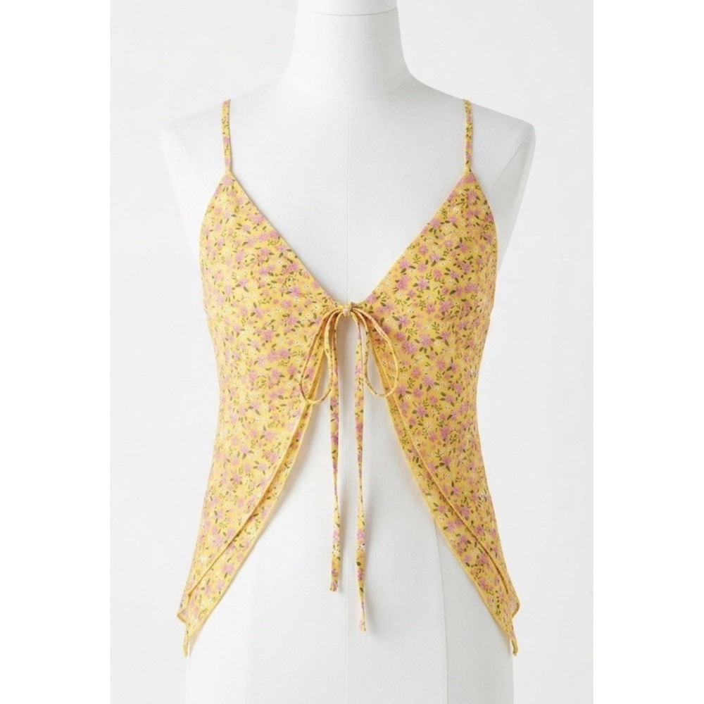 Mimosa Yellow Floral Handkerchief Hem Tie-Front Cami Top S Cottagecore Boho NWT